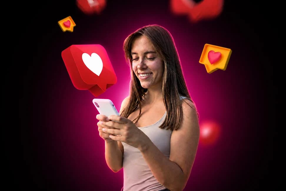 A customer smiling at her phone as likes appear around her