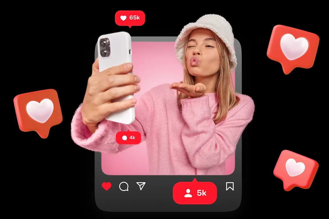 Instagram post mockup with floating hearts showing 65k likes