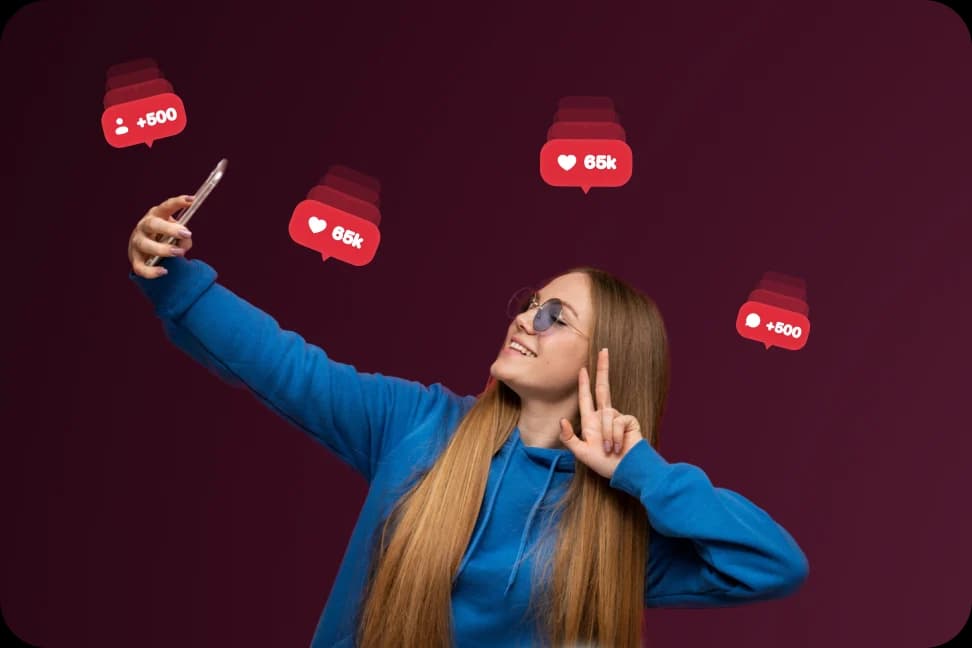 A customer taking a selfie as like and follower counters pop up around her